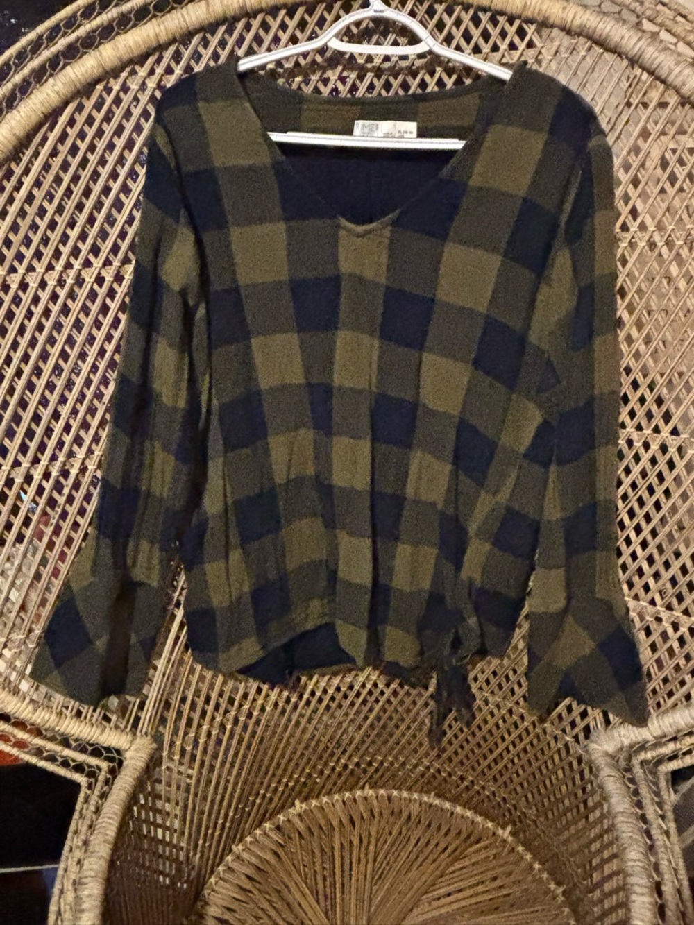 Time and Tru Olive and Black Plaid V-Neck Top